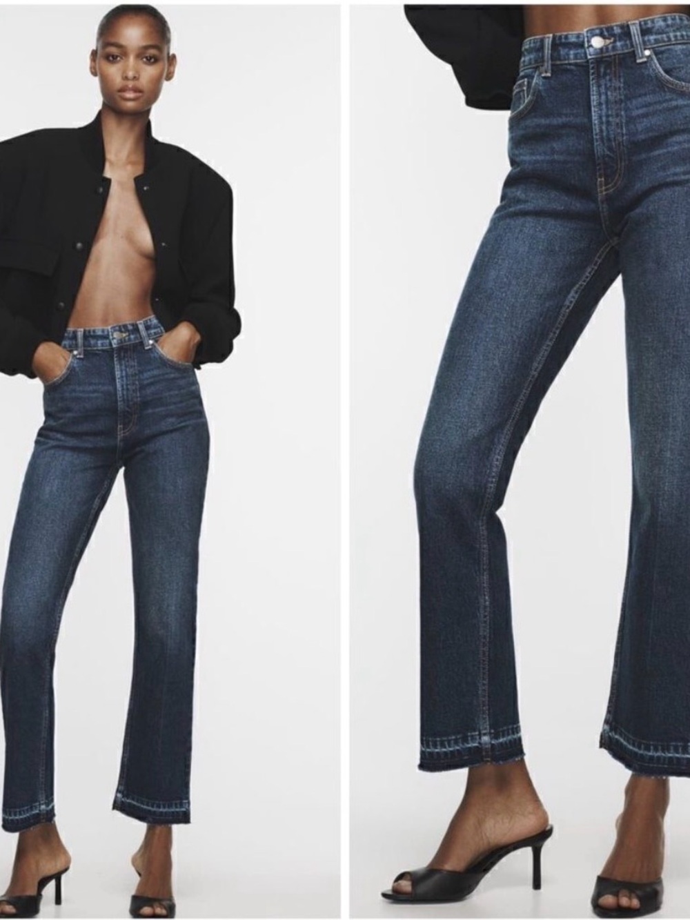 Zara Dark Blue High-Rise Cropped Straight Jeans